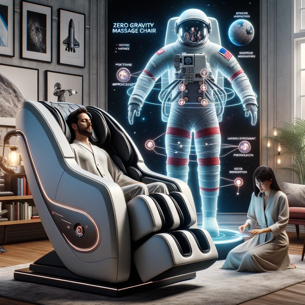 Caucasian woman and Hispanic man exploring a zero gravity massage chair next to a holographic astronaut in a modern living room with space-themed decor.